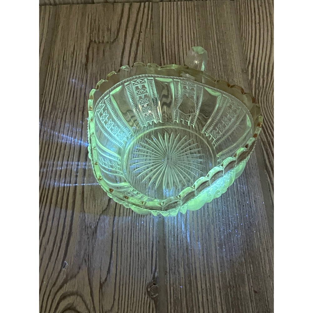 Vintage Heart Shaped Pressed Glass Nappy Dish Gold Rim UV Glow Manganese Glass